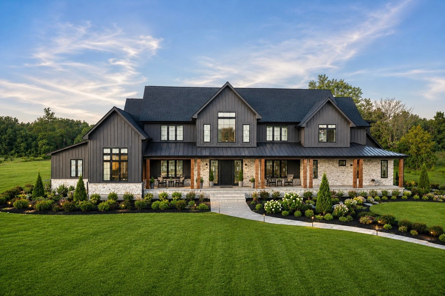 Twilight front exterior of 9870 Christian Court