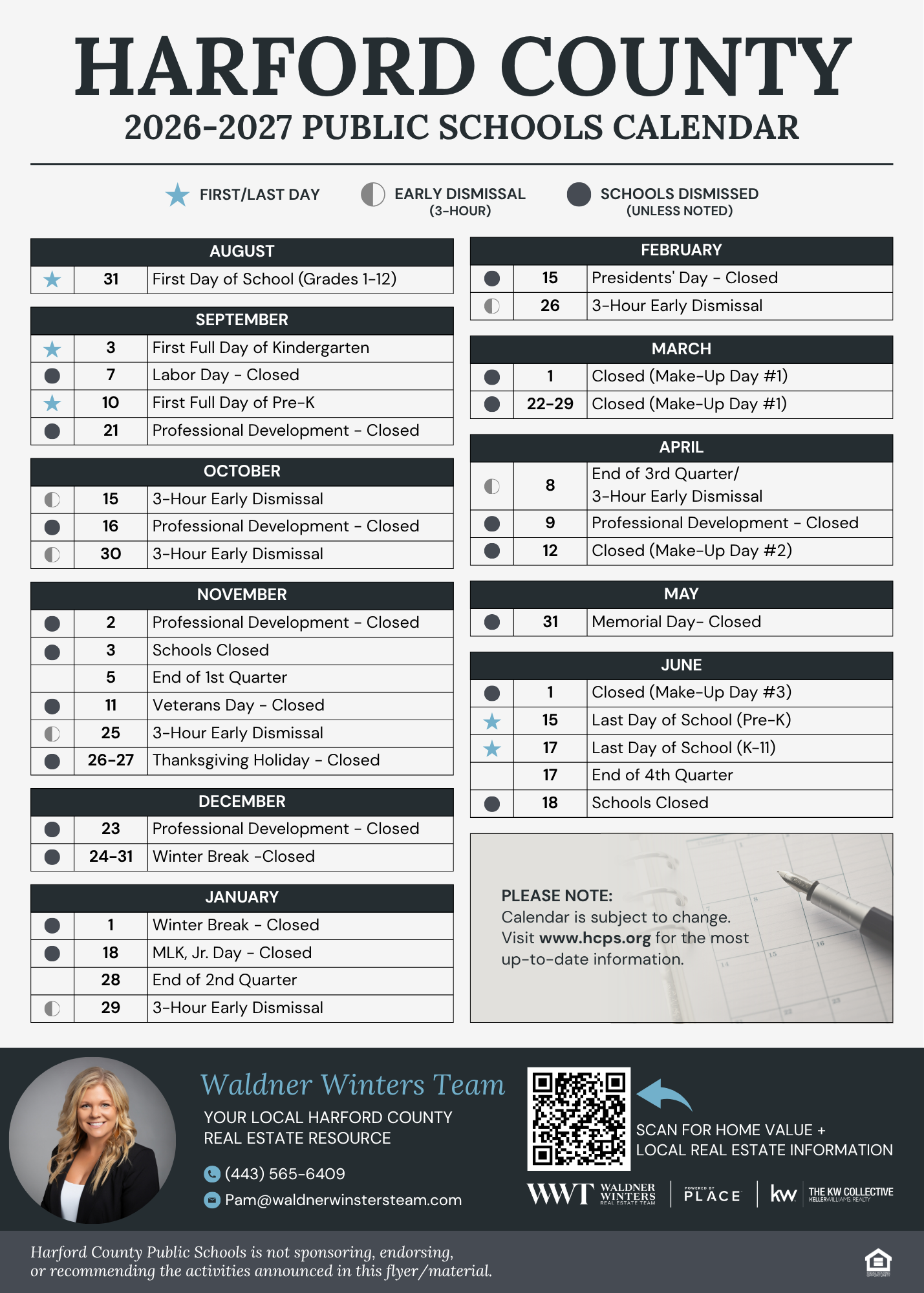Harford County 2026-2027 Public Schools Calendar Magnet from the Waldner Winters Team