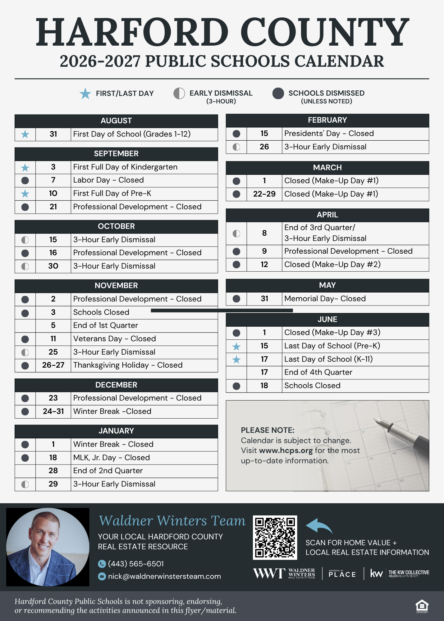 Harford County 2026-2027 Public Schools Calendar Magnet from the Waldner Winters Team