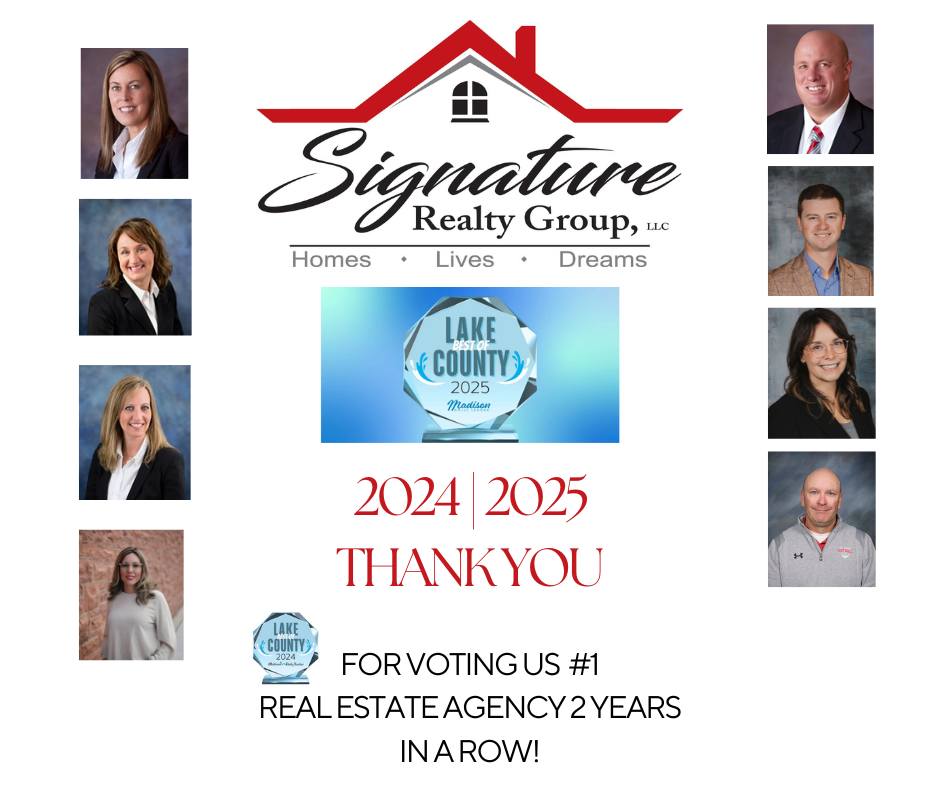 Eight portraits of the team members with the Signature Realty Group logo in the middle, below saying "Thank you for voting us #1 real estate agency 2 years in a row (2024 and 2025), Lake County Madison."