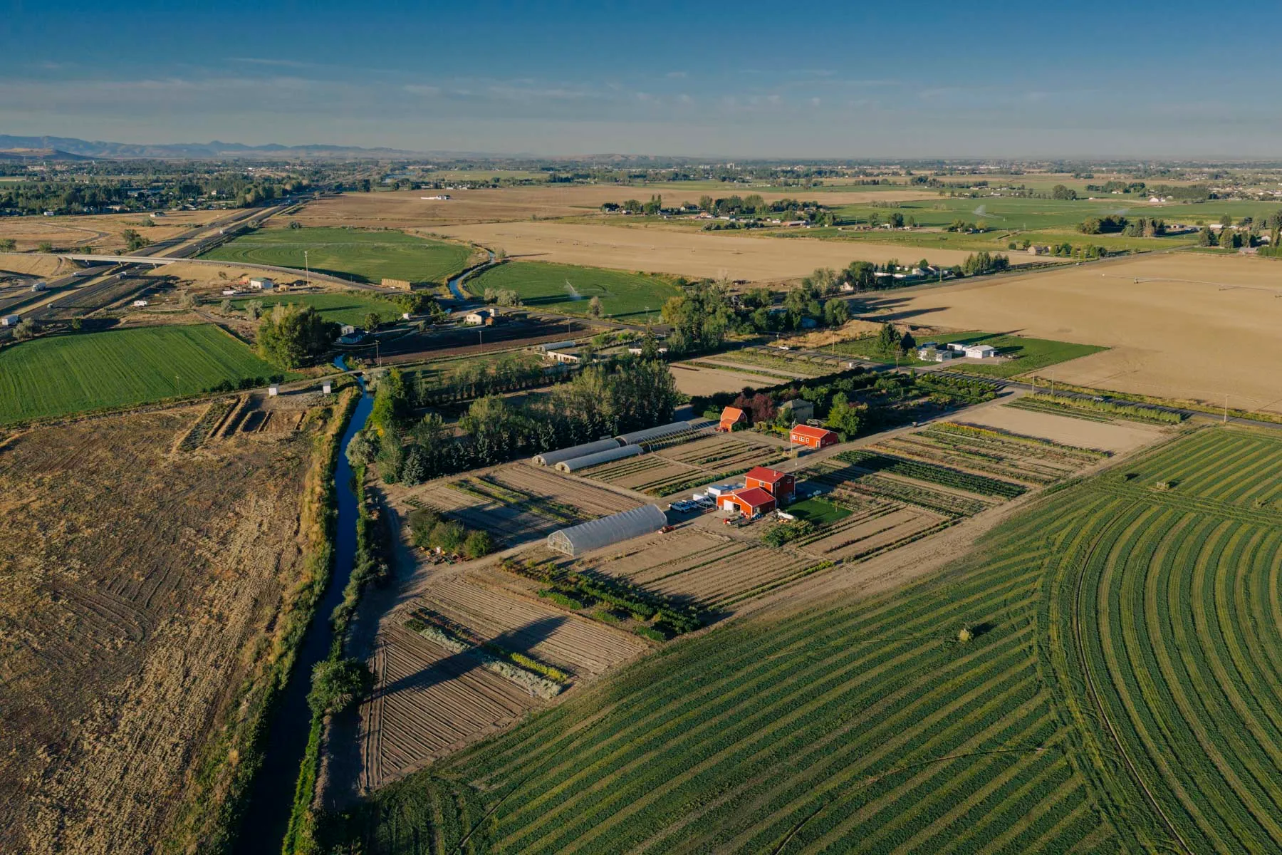 Daytime aerial photograph showing Florage growing grounds and surrounding landscape