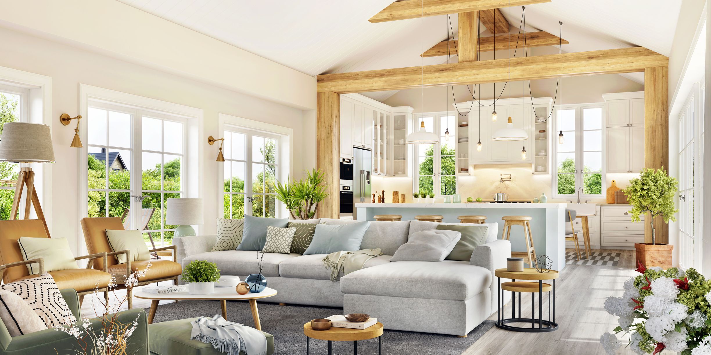 Aerial view of a waterfront residential neighborhood with houses along a canal, surrounded by palm trees, and recreational tennis courts in the foreground, under a clear blue sky.