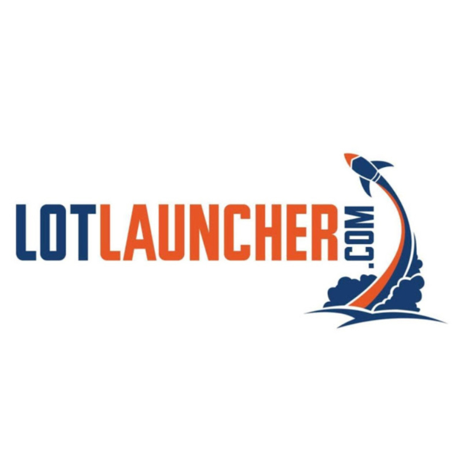 LOTLAUNCHER.COM logo featuring a rocket launching with smoke and flames in navy blue and orange colors.