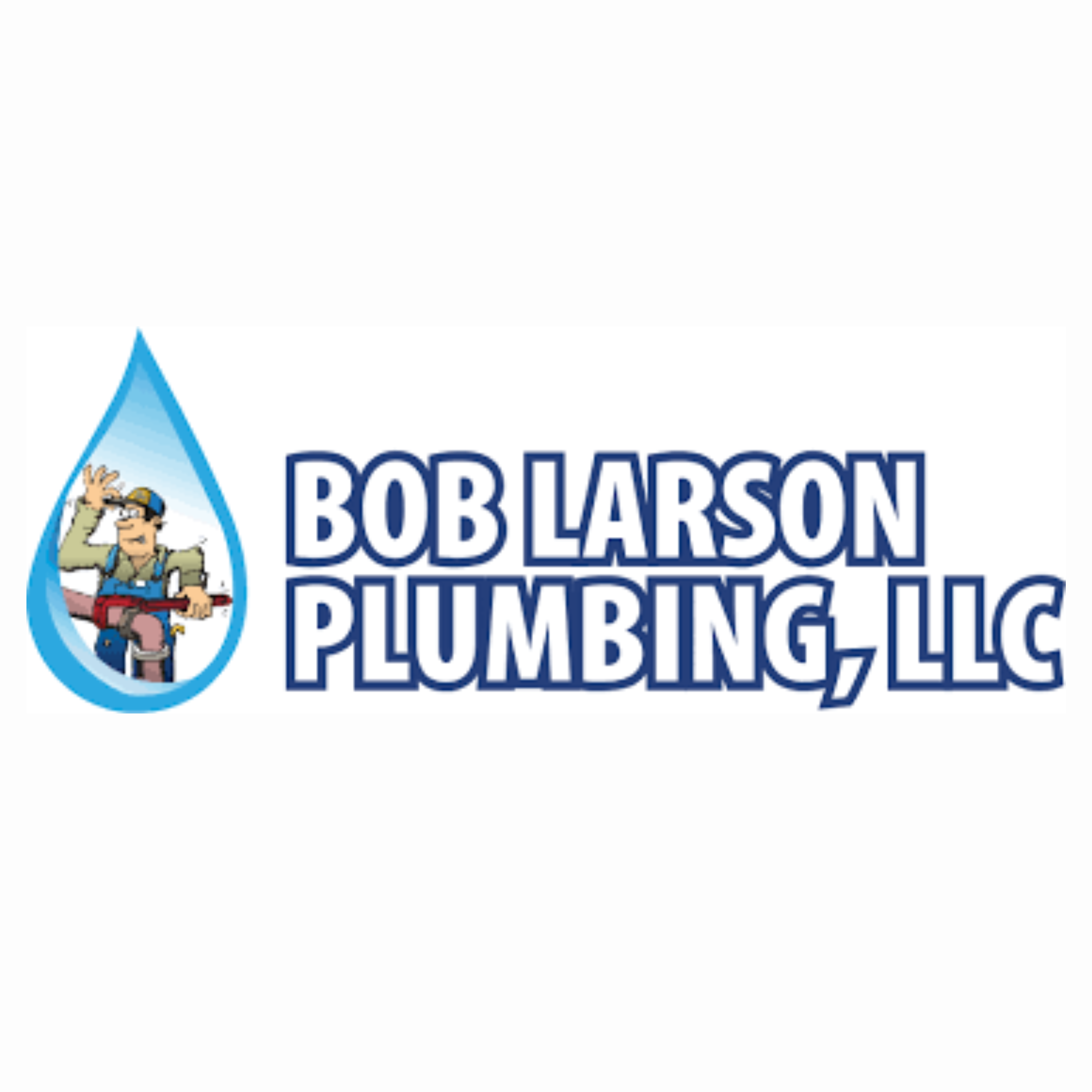 Logo of Bob Larson Plumbing LLC featuring a cartoon plumber inside a water droplet outline with the company name in bold blue letters
