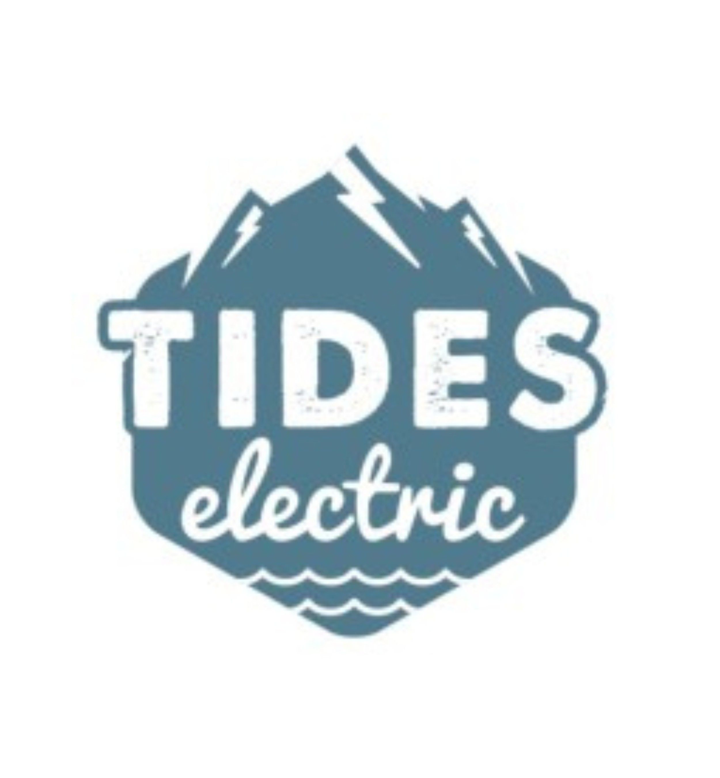 TIDES electric logo with mountain and wave design in blue and white color