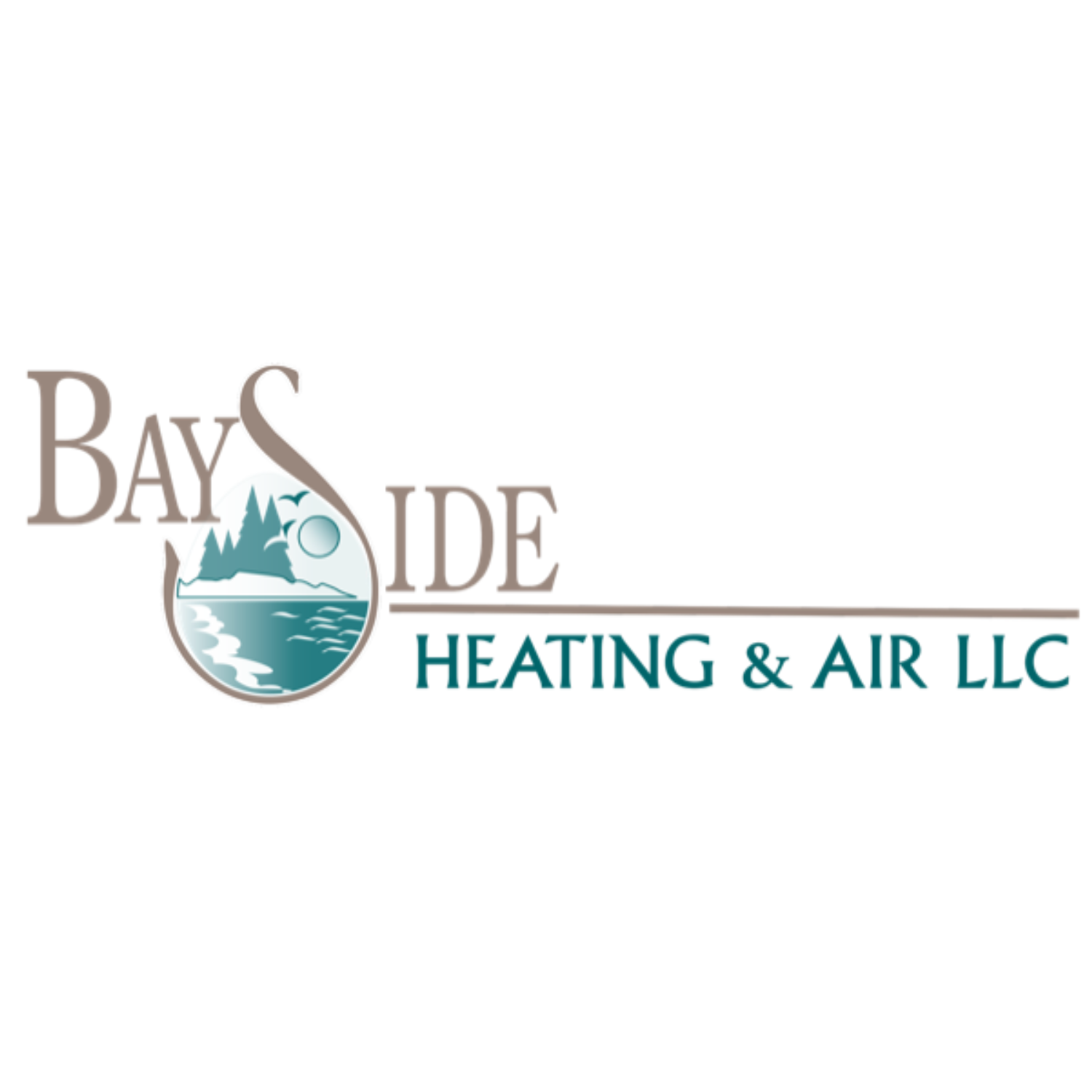 Bay Side Heating and Air LLC logo featuring a mountain, water, and sun illustration with company name in text