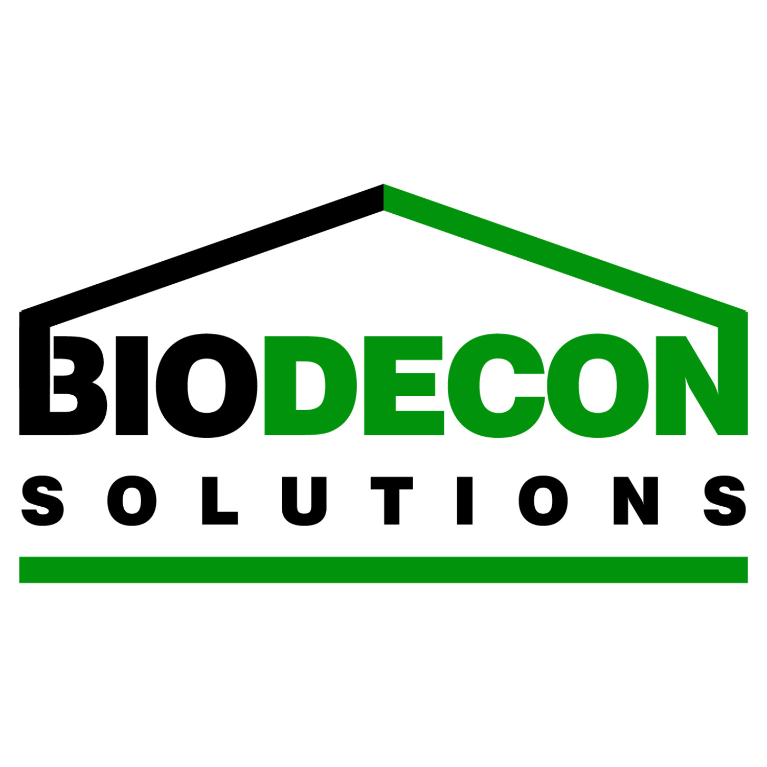 Biodecon Solutions logo featuring a stylized house outline with black and green lines and the company name in bold black and green text.