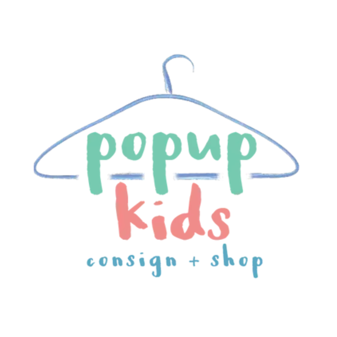 Pop-up Kids consignment and shop logo with colorful handwritten text and a hanger illustration.