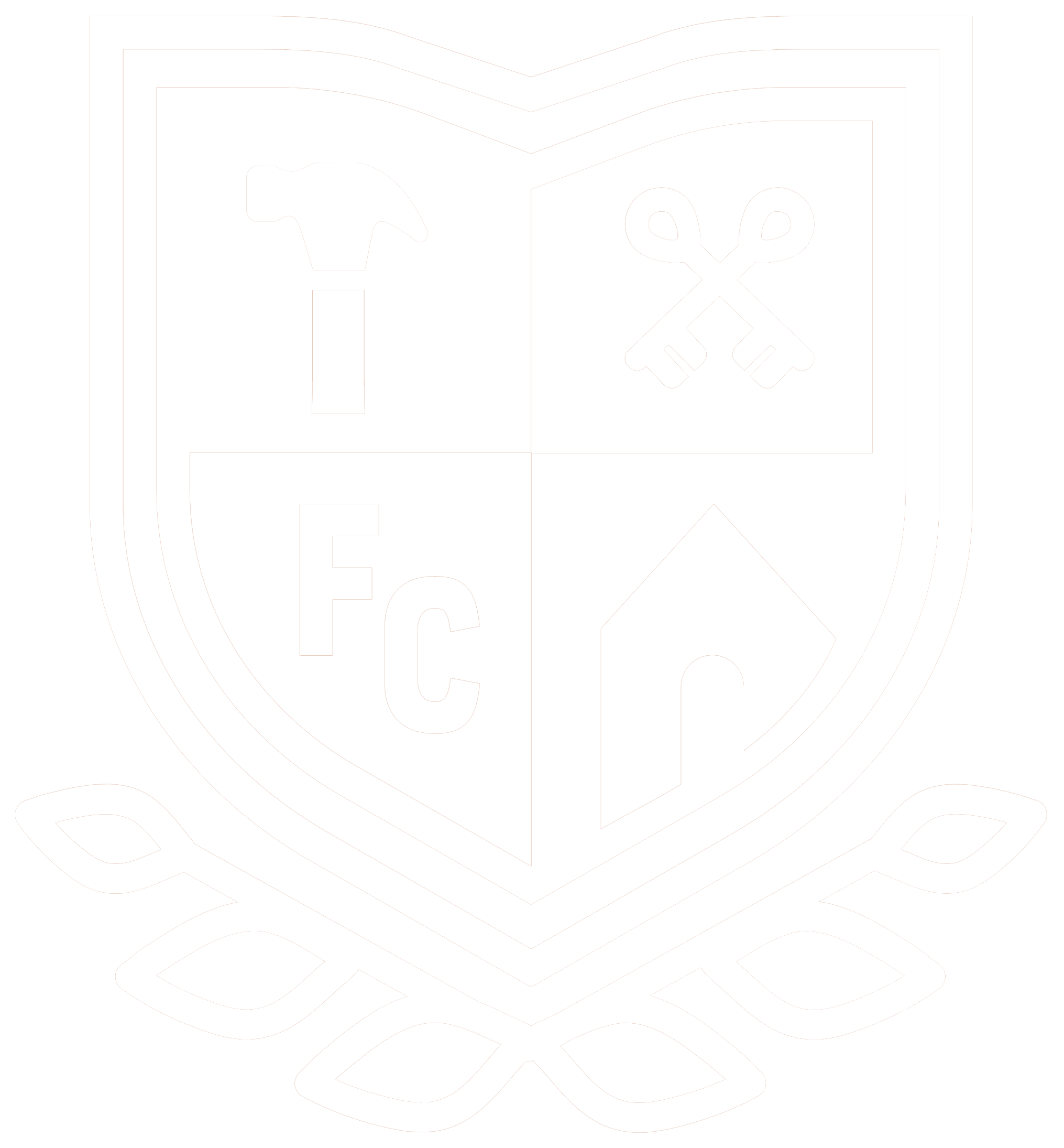 FCU crest emblem with shield featuring a hammer, keys, and the initials FC, surrounded by laurel branches.