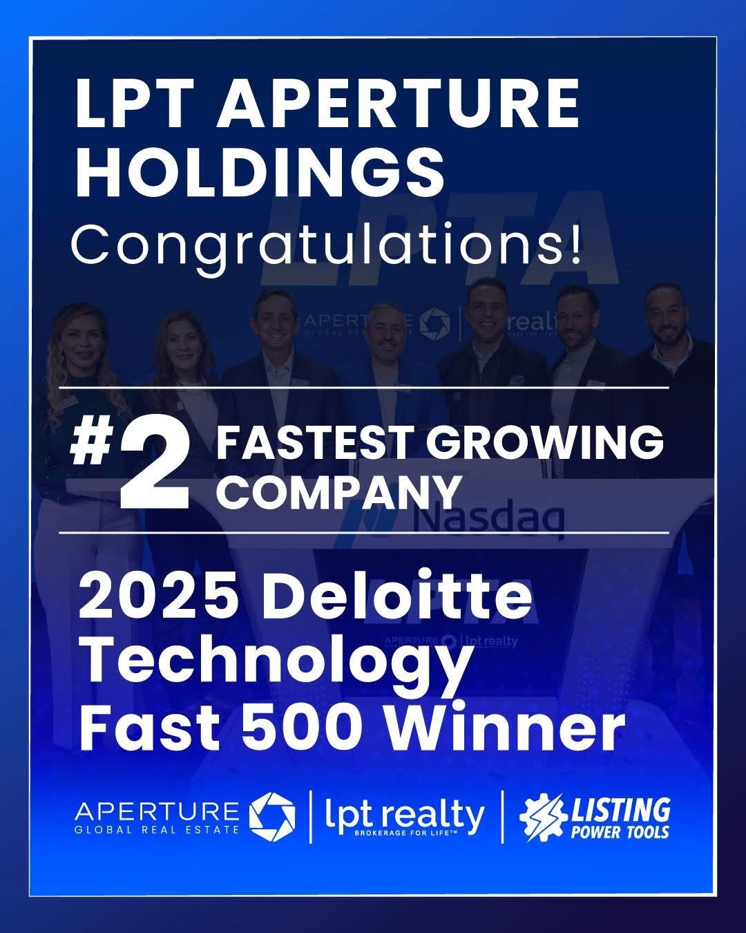 Celebrating LPT Aperture Holdings as the number two fastest growing company in 2025 Deloitte Tech, Fast 500 winners, featuring a group of diverse professionals at a corporate event.