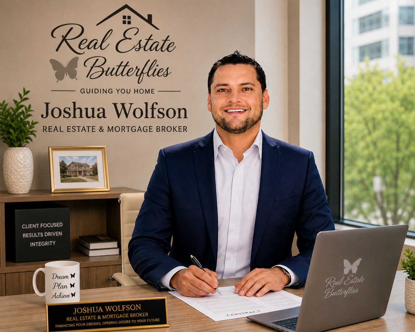 Portrait of a smiling man in a business suit standing outdoors against a stone wall background