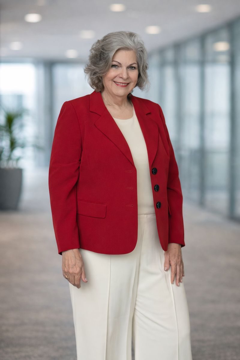 Portrait of a smiling mature woman with gray hair wearing a red floral blouse, posing against a dark gray background