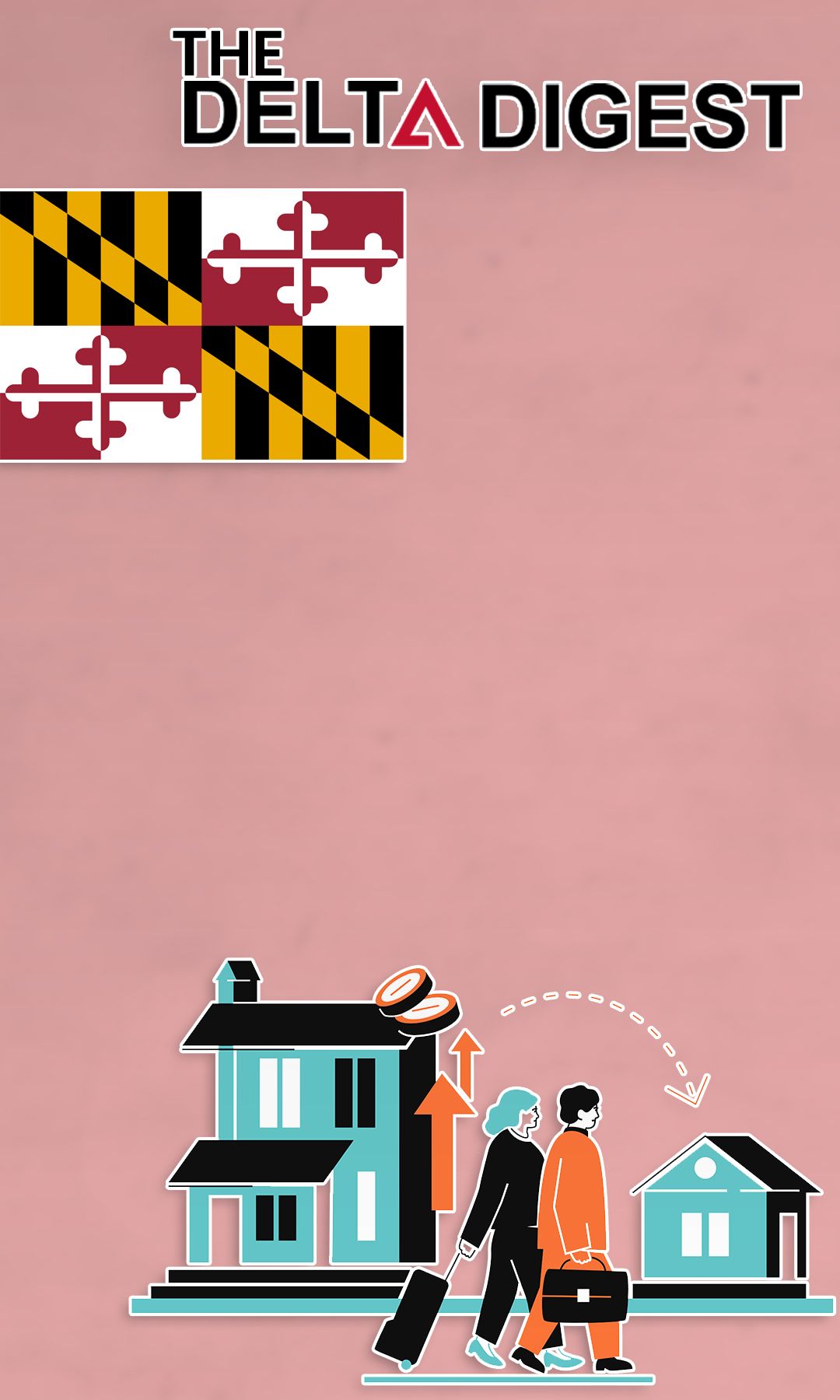 The Delta Digest magazine cover featuring colorful buildings and a Maryland flag in downtown Taurrapin, Maryland