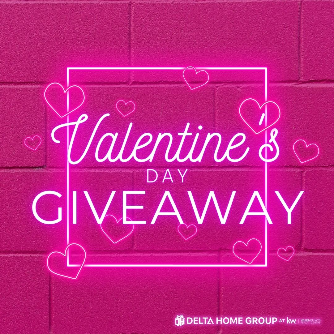 Valentine's Day giveaway neon sign with pink hearts on a pink brick wall background, promoting a holiday contest by Delta Home Group.