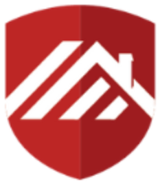 Logo of a red shield with a white house outline and diagonal stripes representing home protection and real estate services