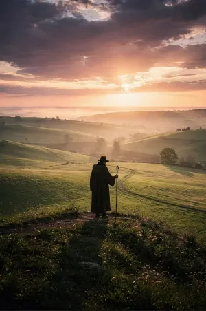 A shepherd guiding the way across open hills