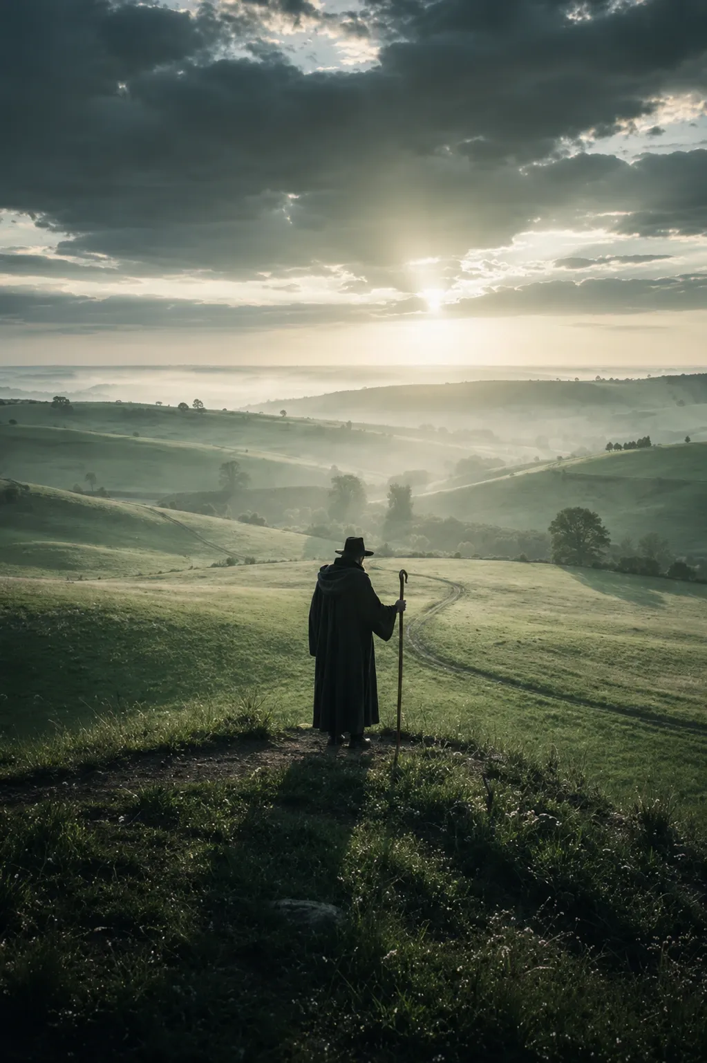 A shepherd guiding the way across open hills