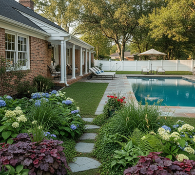 Beautiful backyard garden with a swimming pool, colorful flowers, lush greenery, and a white fence in a suburban residential setting
