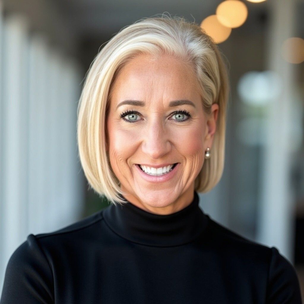 Smiling woman with blonde bob haircut wearing a black turtleneck sweater indoors with blurred background and bokeh lights