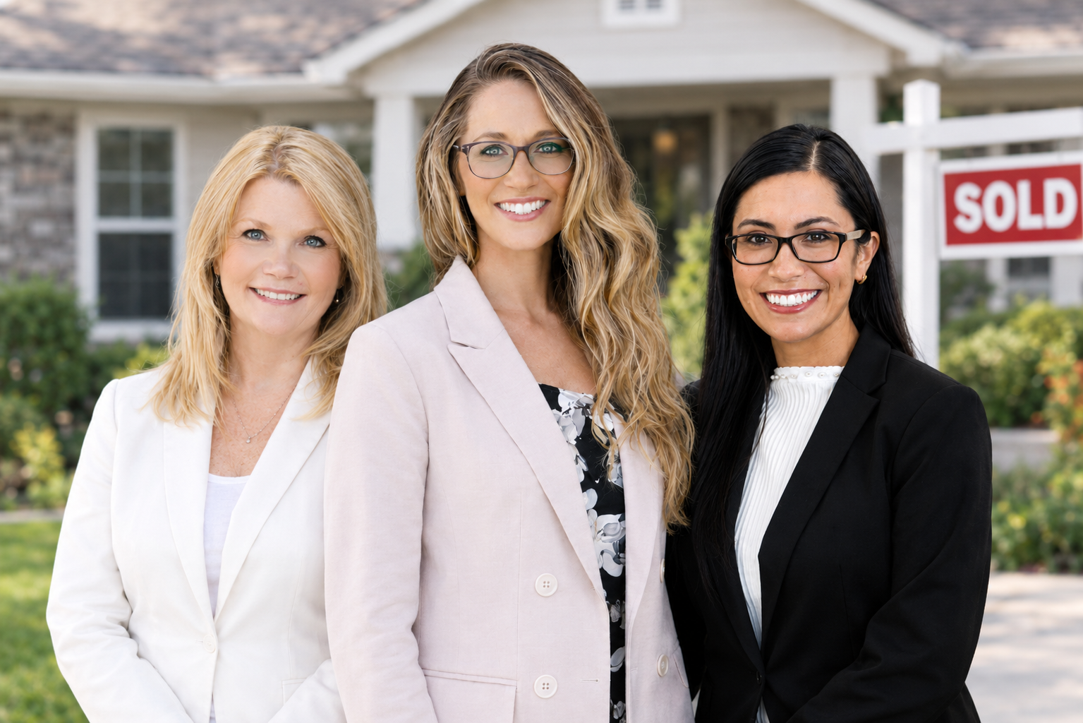 Two professional female real estate agents standing in front of a house with a 