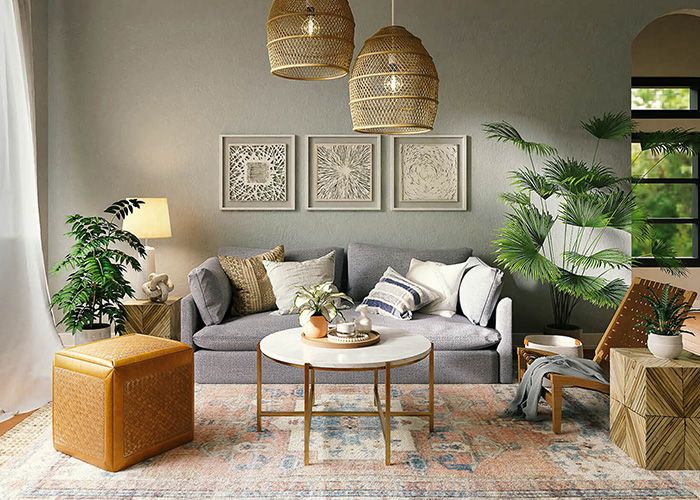 wicker light fixture in living room