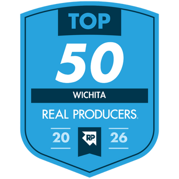 Top 50 Wichita real estate producers badge from 2026 with RP logo and blue shield design