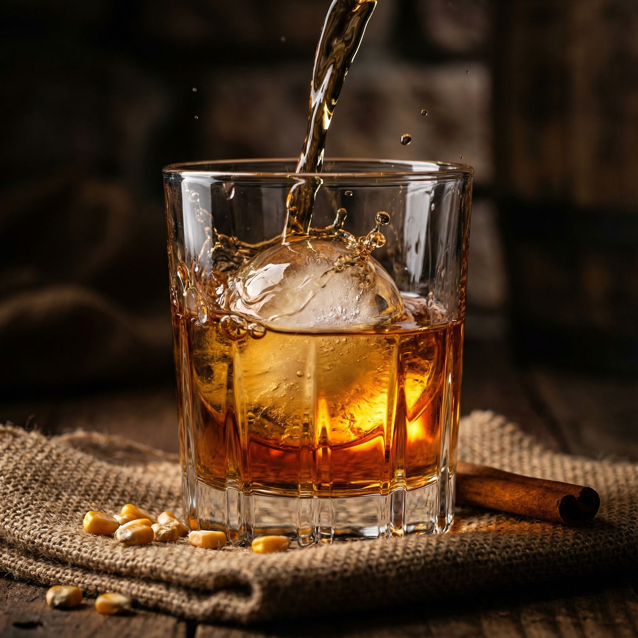Pouring whiskey over ice cube in a glass with corn kernels and cinnamon stick on a rustic fabric surface.