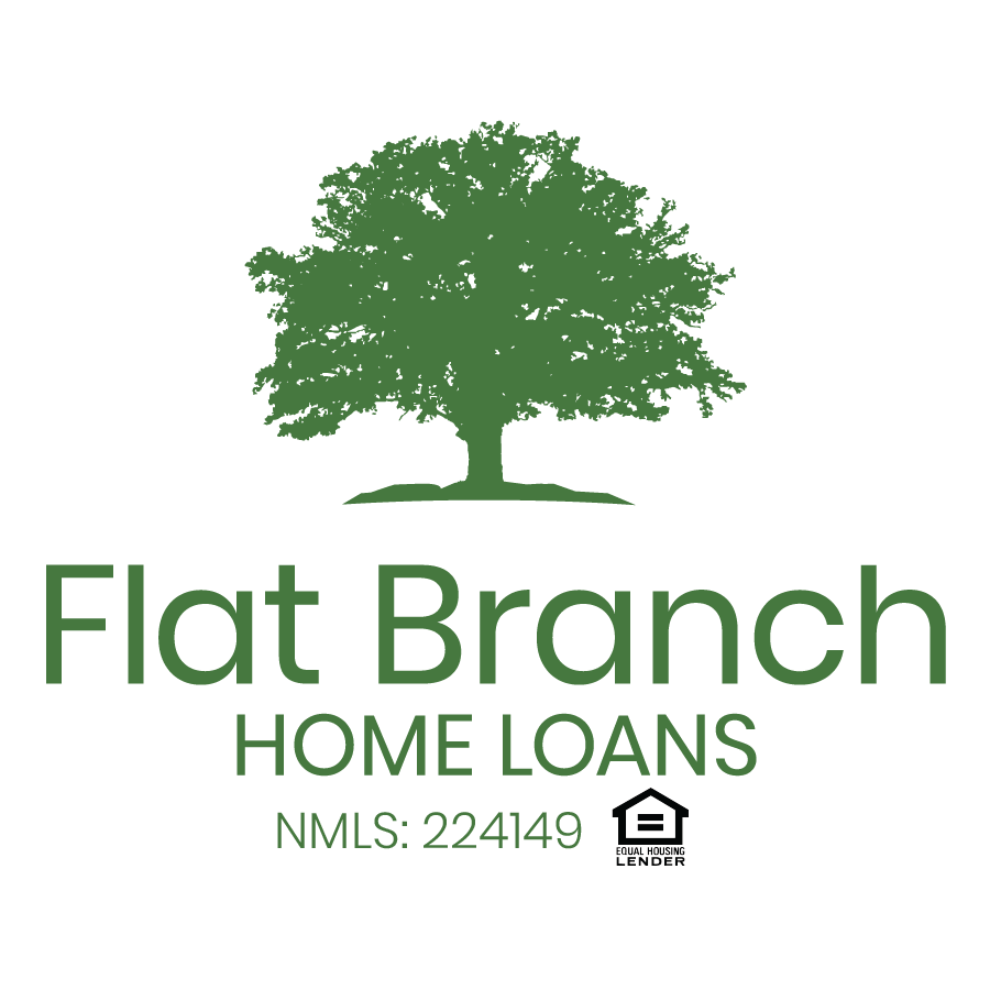 Flat Branch Home Loans logo with a green tree graphic, company name, NMLS number 224149, and Equal Housing Lender icon for real estate and mortgage services
