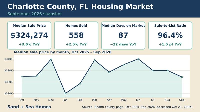 Charlotte County FL housing market, September 2026: median sale price $324,274 (+3.6% YoY), 558 homes sold, 87 median days on market, 96.4% sale-to-list, with a 12-month median price trend. Source: Redfin.