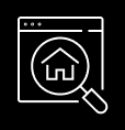 Icon of a house inside a web browser window with a magnifying glass, representing home search or real estate research.