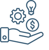 Hand holding icons representing innovation, technology, and ideas with a gear, lightbulb, and clock for creative solutions