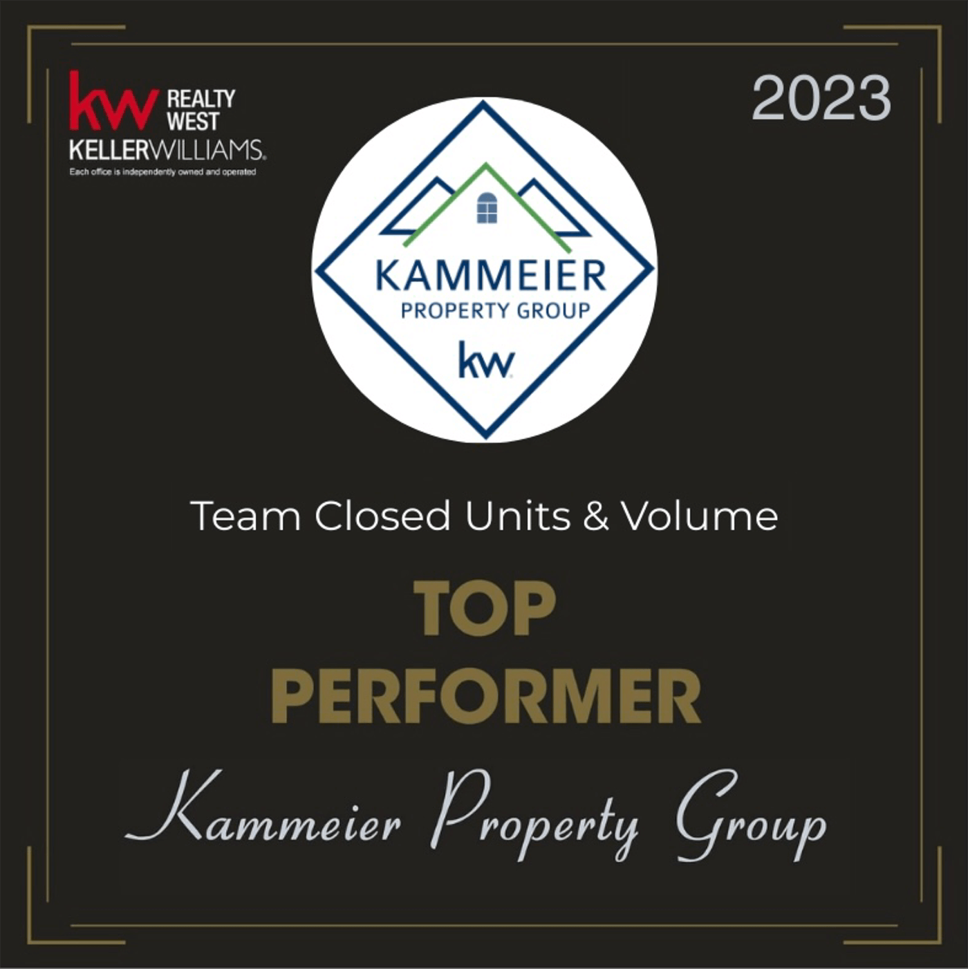 Kammeier Property Group top performer award for closed units and volume in 2023 awarded by Keller Williams Realty West