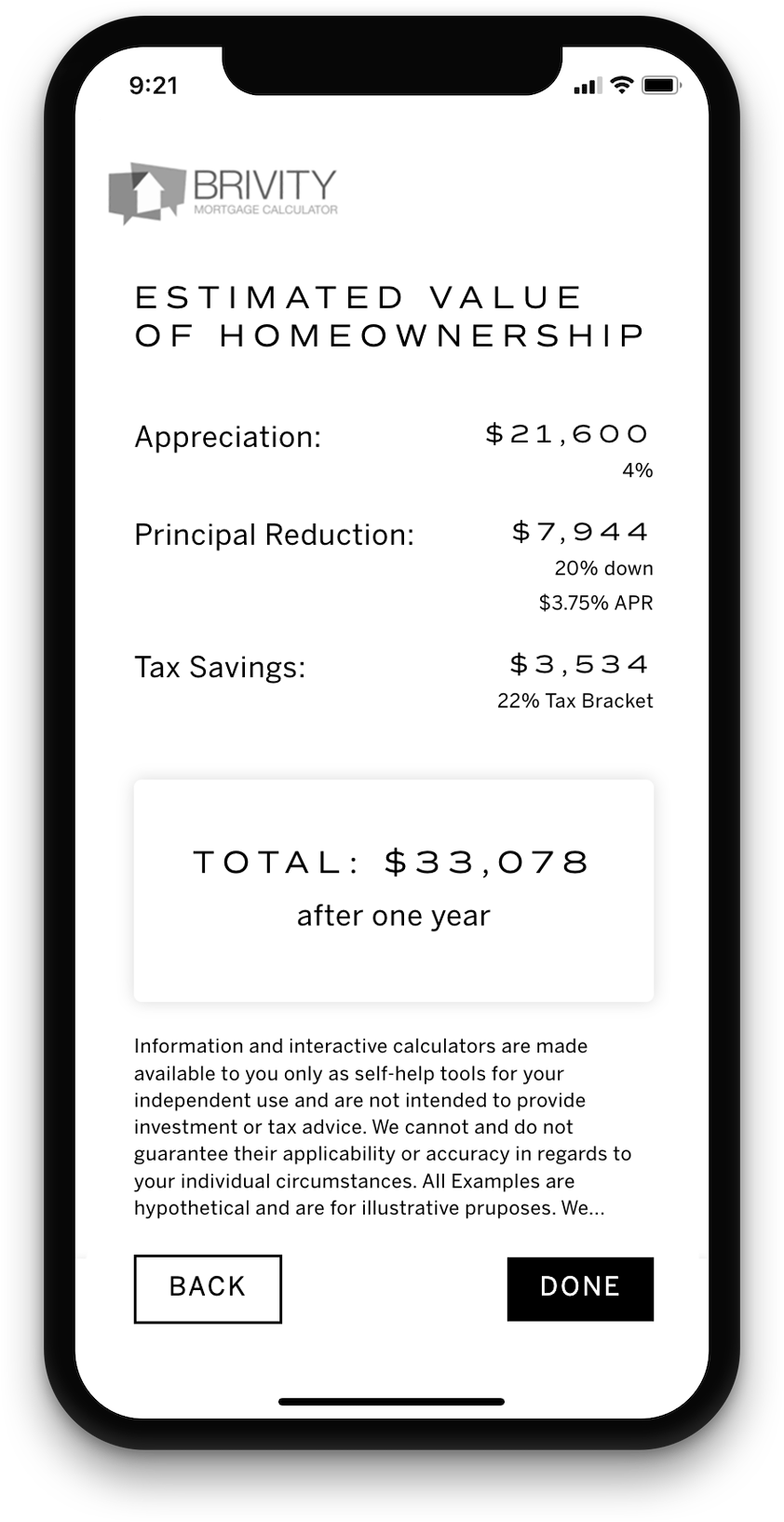 Estimated homeownership value calculation showing appreciation, principal reduction, tax savings, and total savings after one year on a mortgage calculator app.