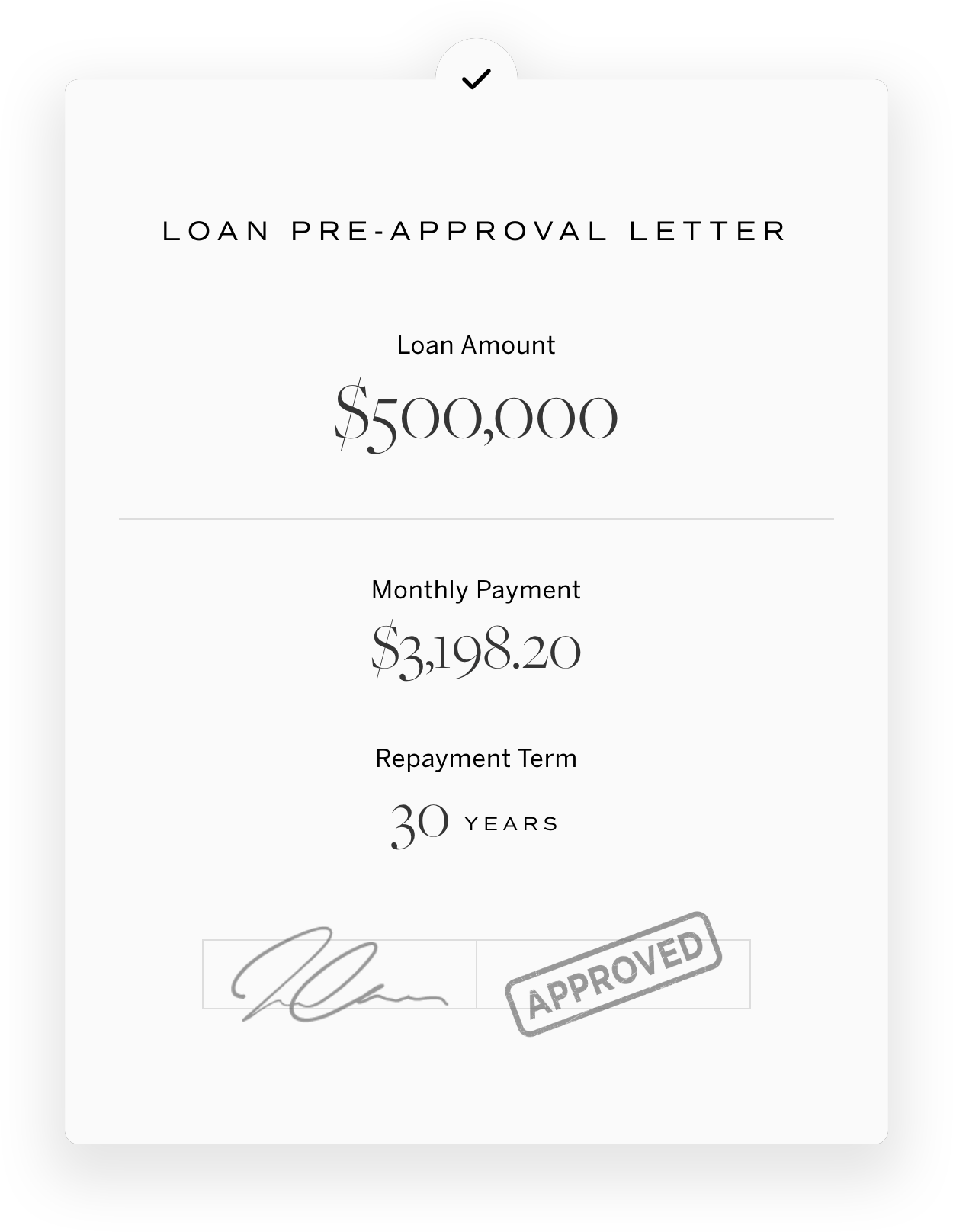 Loan pre-approval letter showing a loan amount of $455,000, monthly payment of $3,500, 30-year repayment term, with signature and approved stamp.