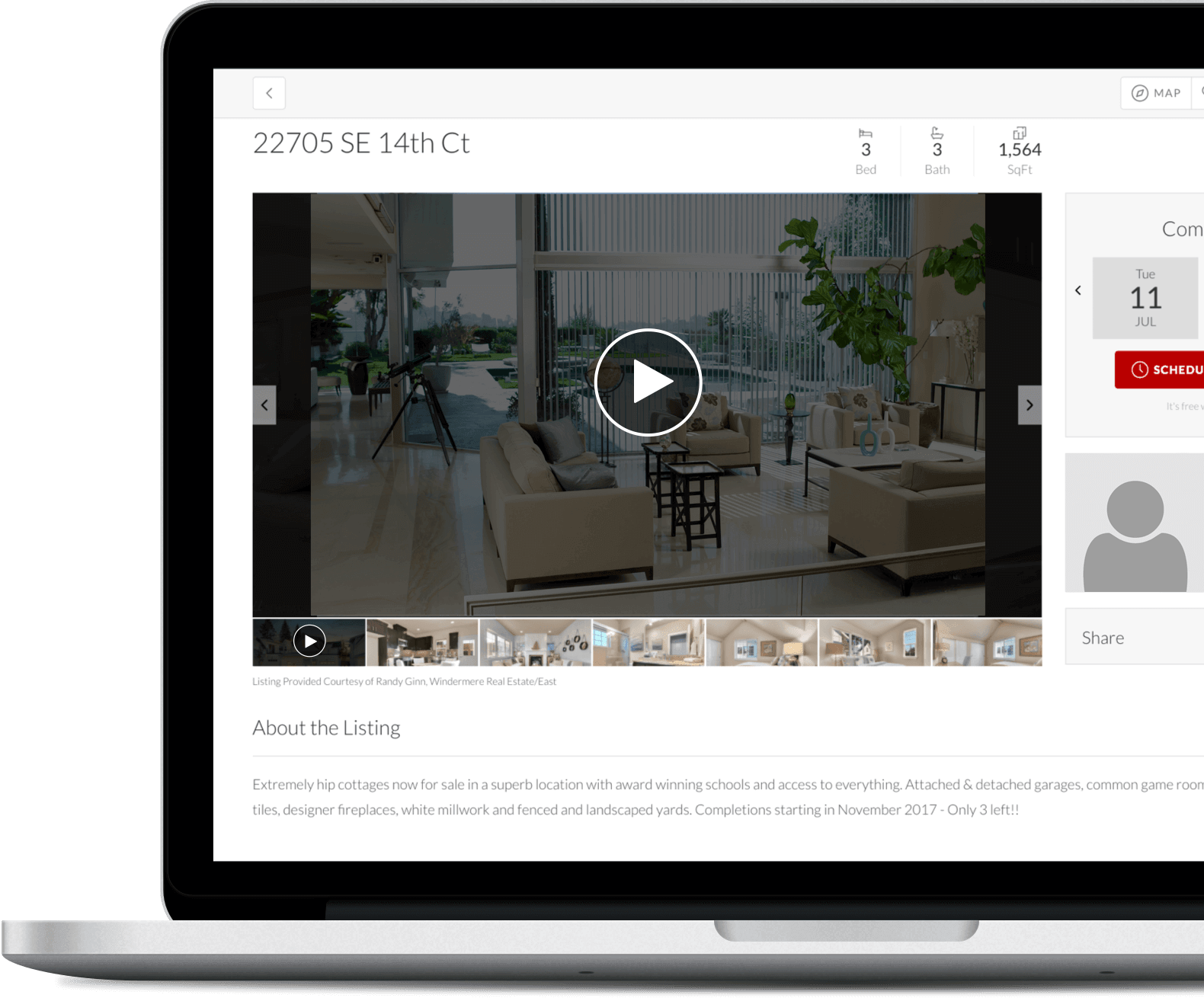 Virtual tour of a modern, spacious living room with large windows, contemporary furniture, and a scenic outdoor view, powered by Matterport.