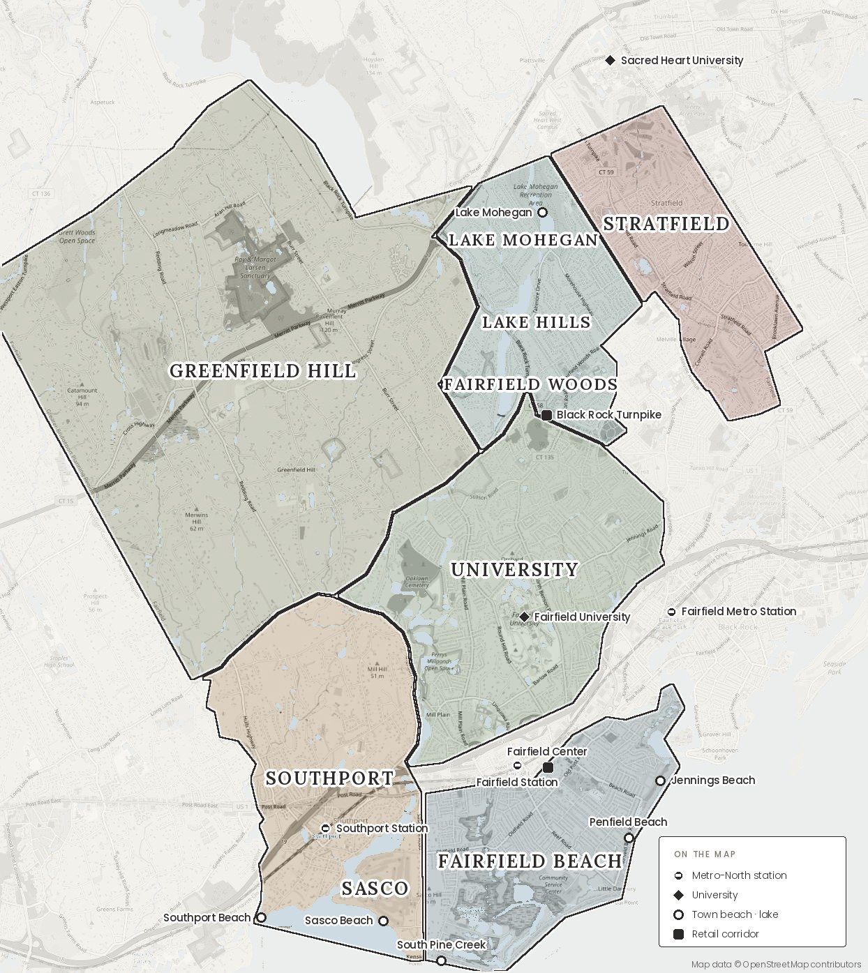 Map of Fairfield, Connecticut and its neighborhoods