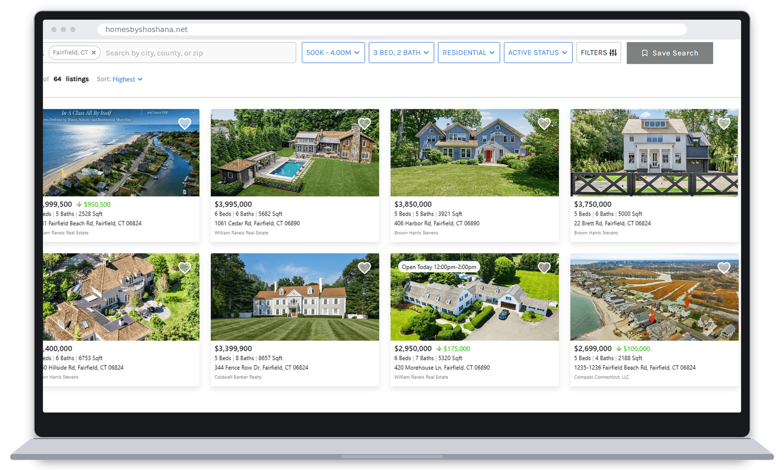 Fairfield property search results on homesbyshoshana.net shown on a laptop