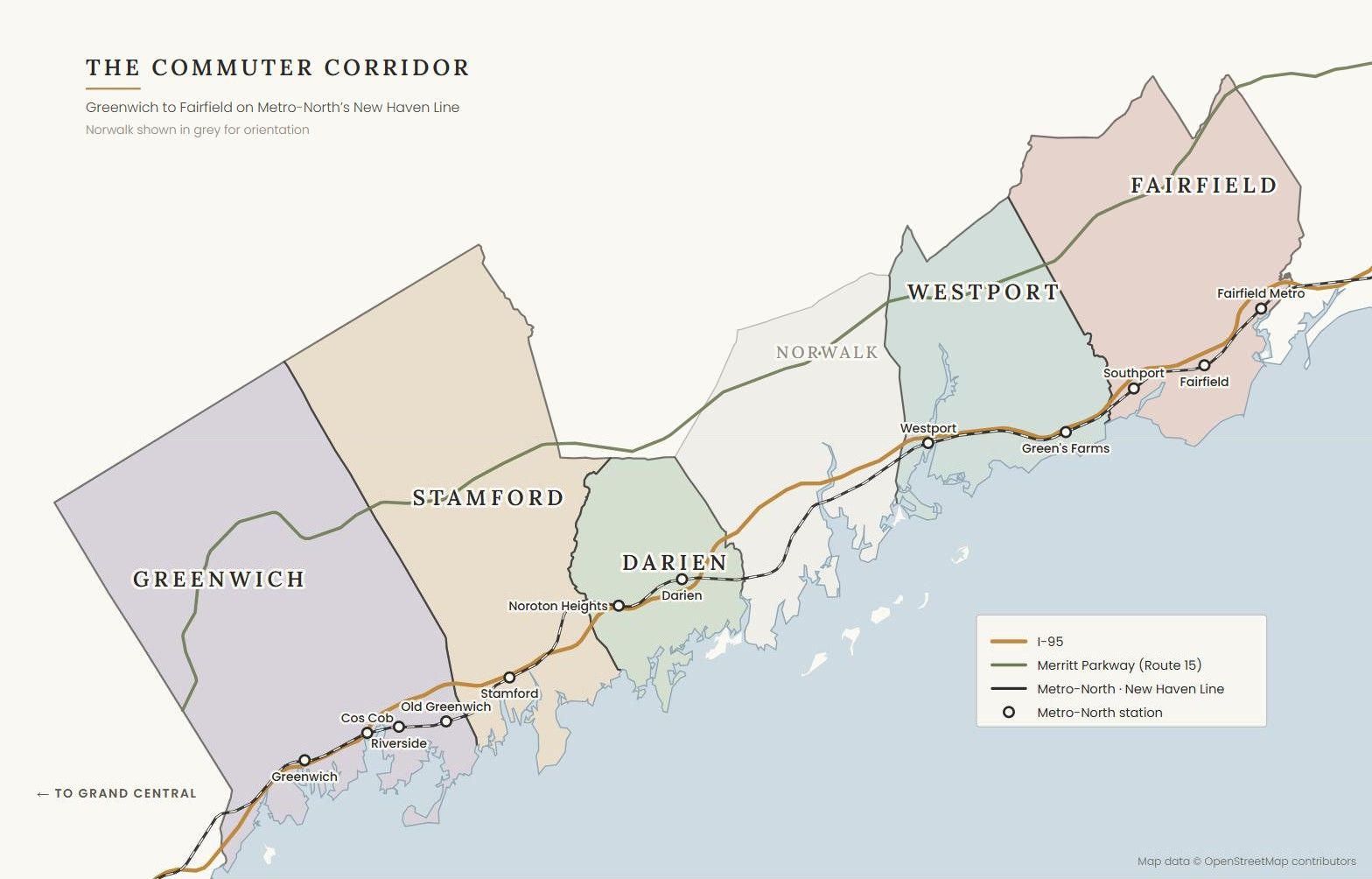 Map of the Metro-North New Haven Line corridor from Greenwich to Fairfield, showing I-95, the Merritt Parkway and every station in the five towns