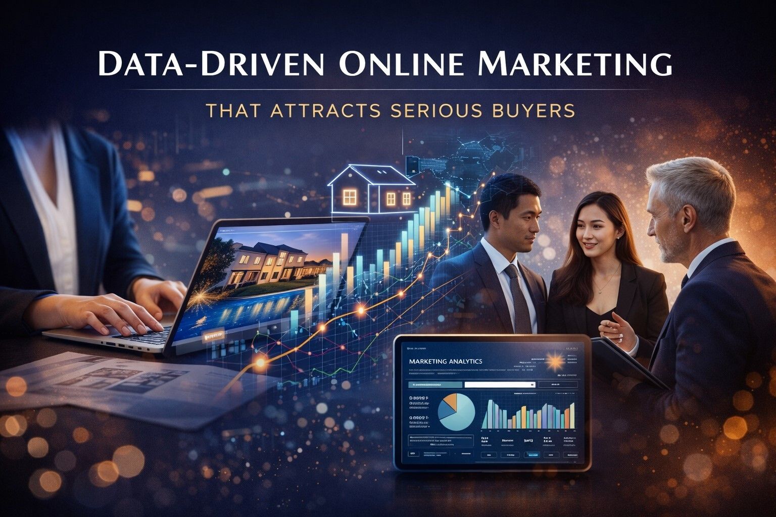 Screenshot of a real estate listing website on a laptop and mobile device, displaying various house listings with images, prices, and details, along with a Facebook advertisement for featured homes and a Facebook post showing different property options.