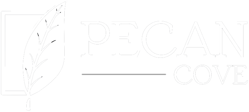 Pecan Cove logo featuring a stylized pecan leaf and the text Pecan Cove