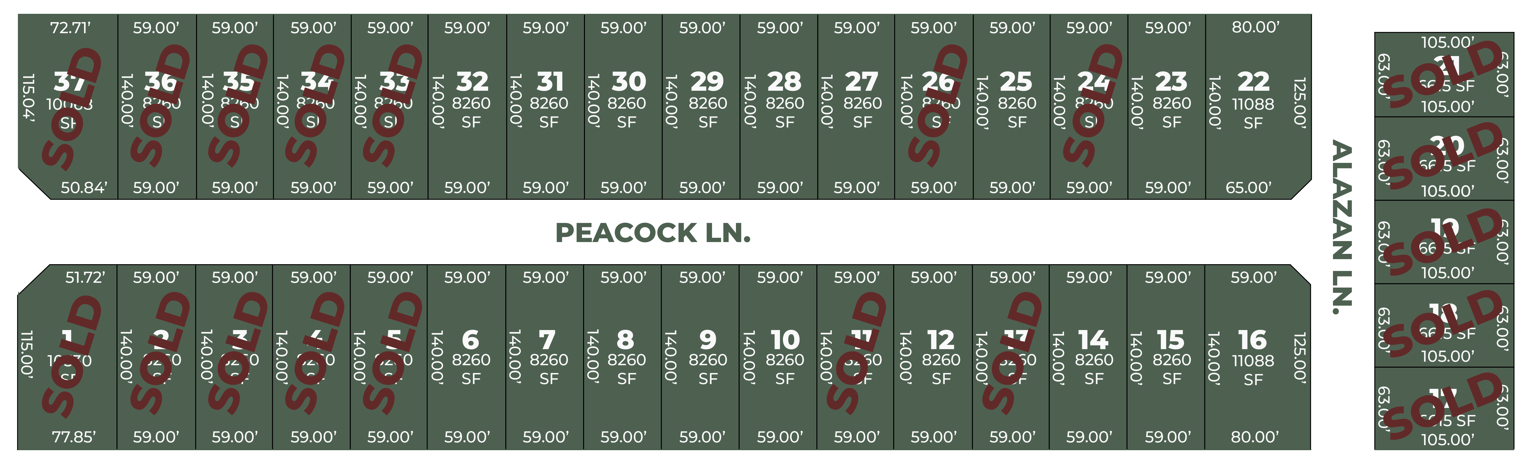 Sold lot layout for residential development with dimensions, lot numbers, and street names Peacock Lane and Alazan Lane.