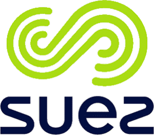 Suez logo with green maze design and blue lowercase text