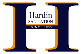 Hardin Sanitation logo featuring a large navy blue letter H with orange borders and text including 