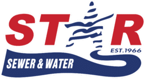 Star Sewer & Water logo featuring a swirl of water and bold red and blue text with established date 1966