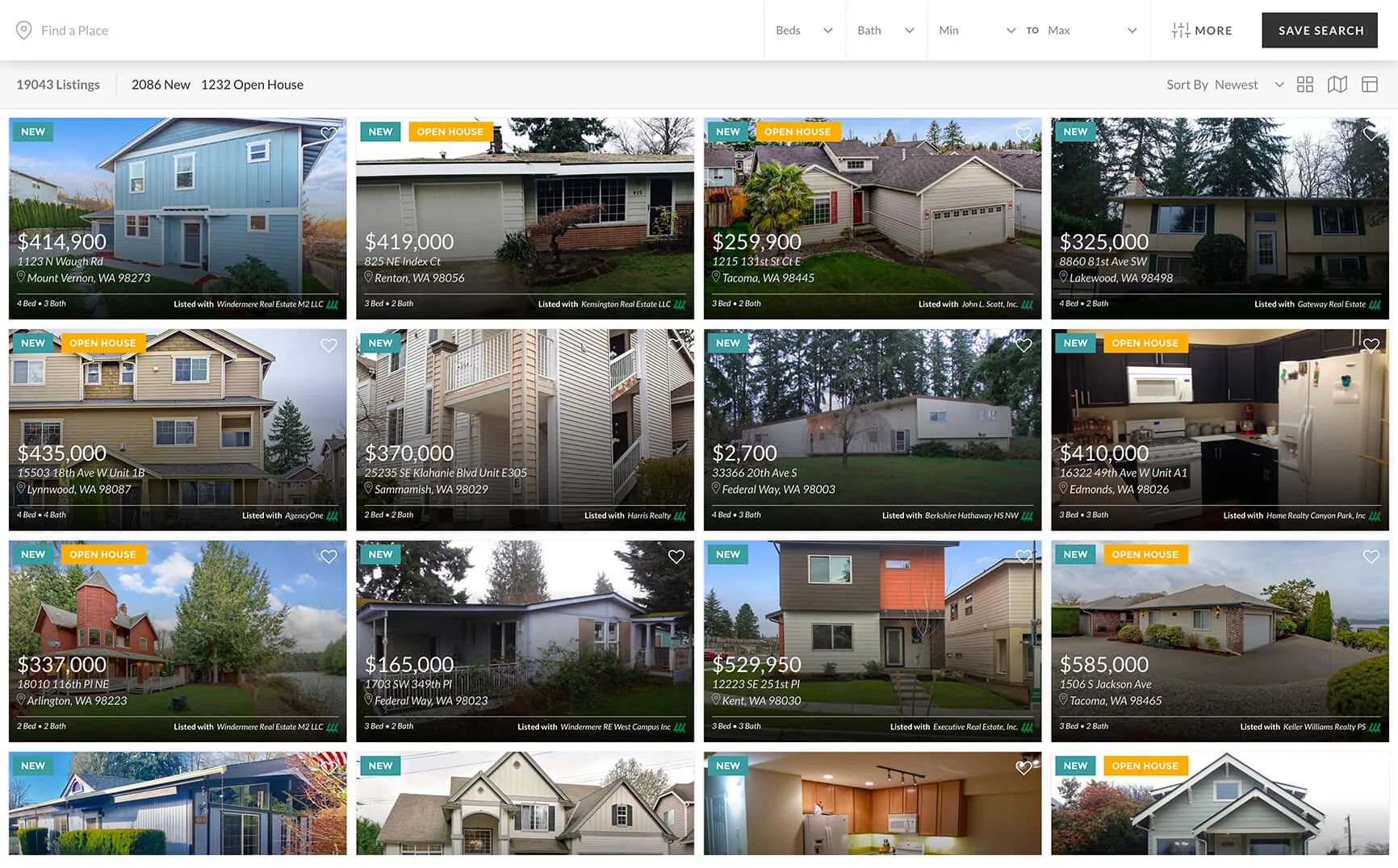 Collection of diverse residential homes and houses for sale in Washington state on a real estate listing website, featuring properties with various architectural styles, prices, and outdoor spaces.