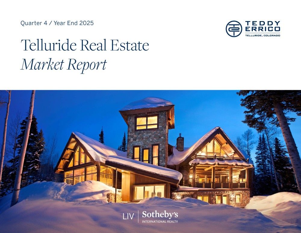 Telluride real estate quarterly market report cover page with mountain and townscape views at Telluride, Colorado