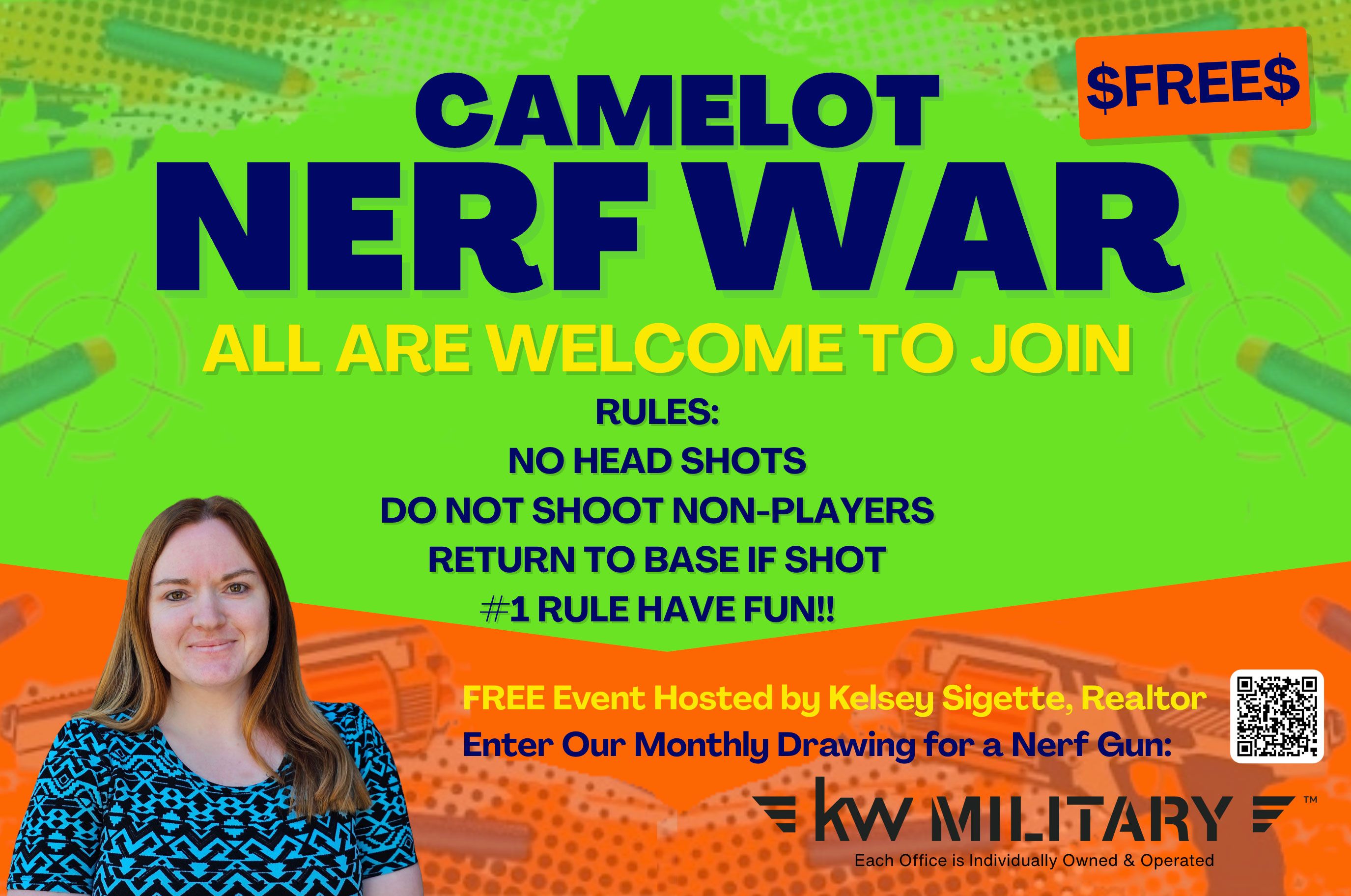 Nerf gun war event flyer with rules, free entry, hosted by Kelsey Sigette, realtor, including a woman in a blue patterned top and a QR code.