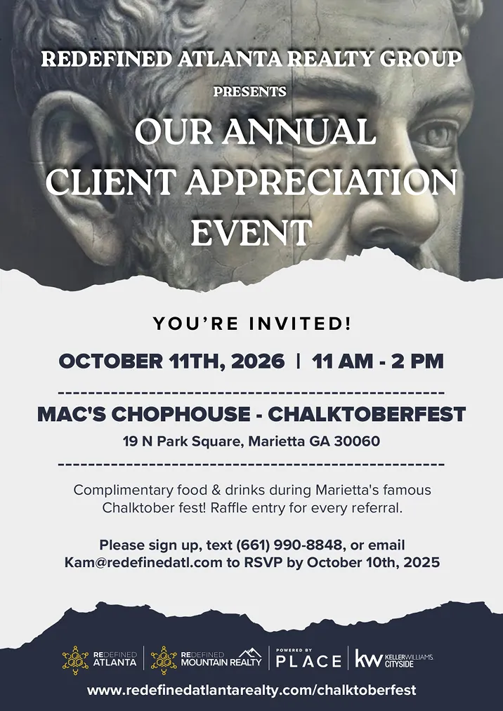 Invitation to Marietta's Chalktoberfest event on October 11th, 2025, featuring free food and drinks at MAC'S Chophouse in Marietta, GA, with details for RSVP and contact information.