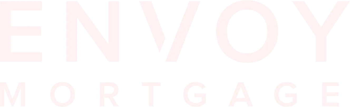 Logo of Envy Mortgage with stylized text in light pink color on a transparent background.