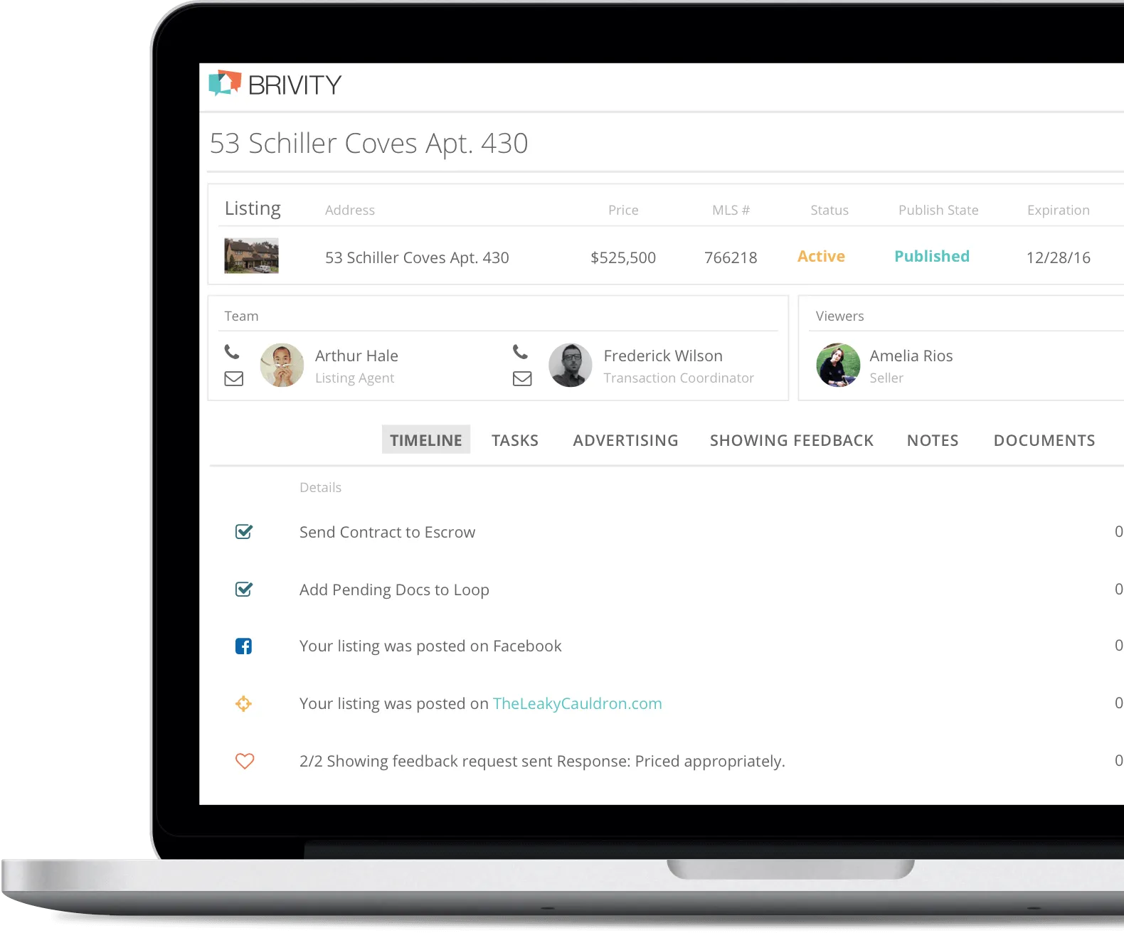 Real estate listing management dashboard showing property details for 53 Schiller Coves Apt. 430, including listing status, team members, viewer information, and activity timeline.